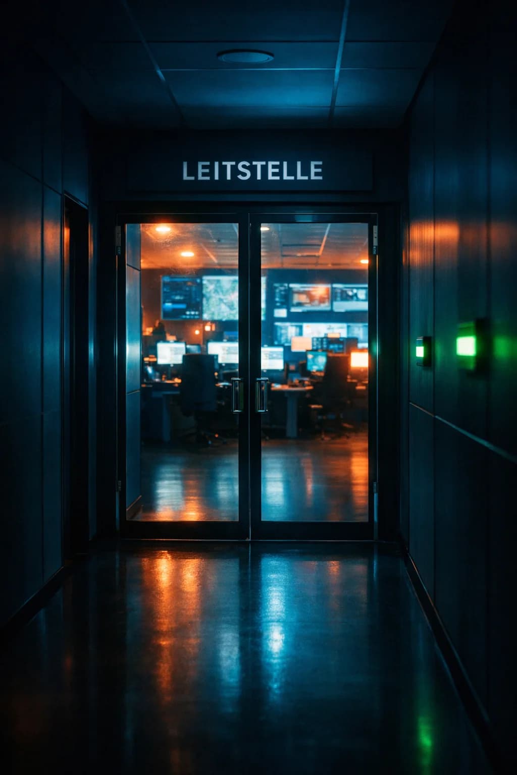 Flur einer modernen Leitstelle bei Nacht